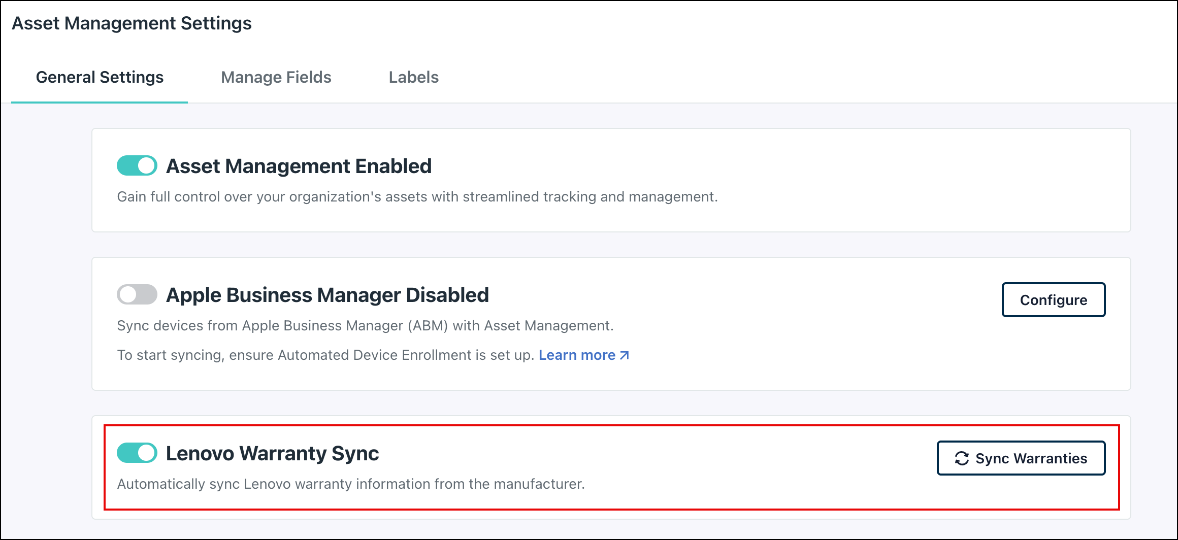 JumpCloud Asset Management Settings showing the Lenovo Warranty Sync toggle enabled.