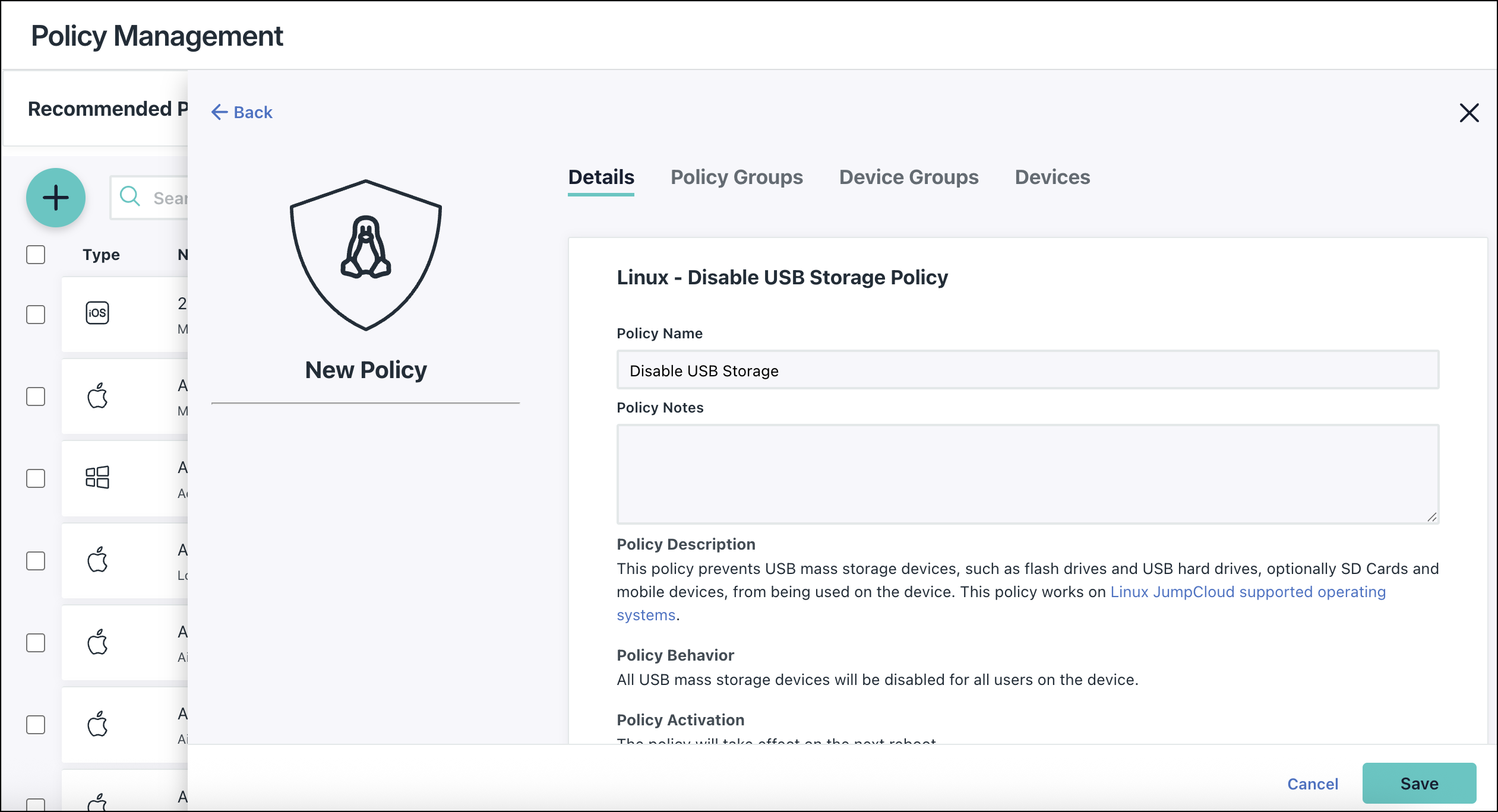 A screenshot showing Disable USB Storage Policy for Linux on JumpCloud Admin Portal.
