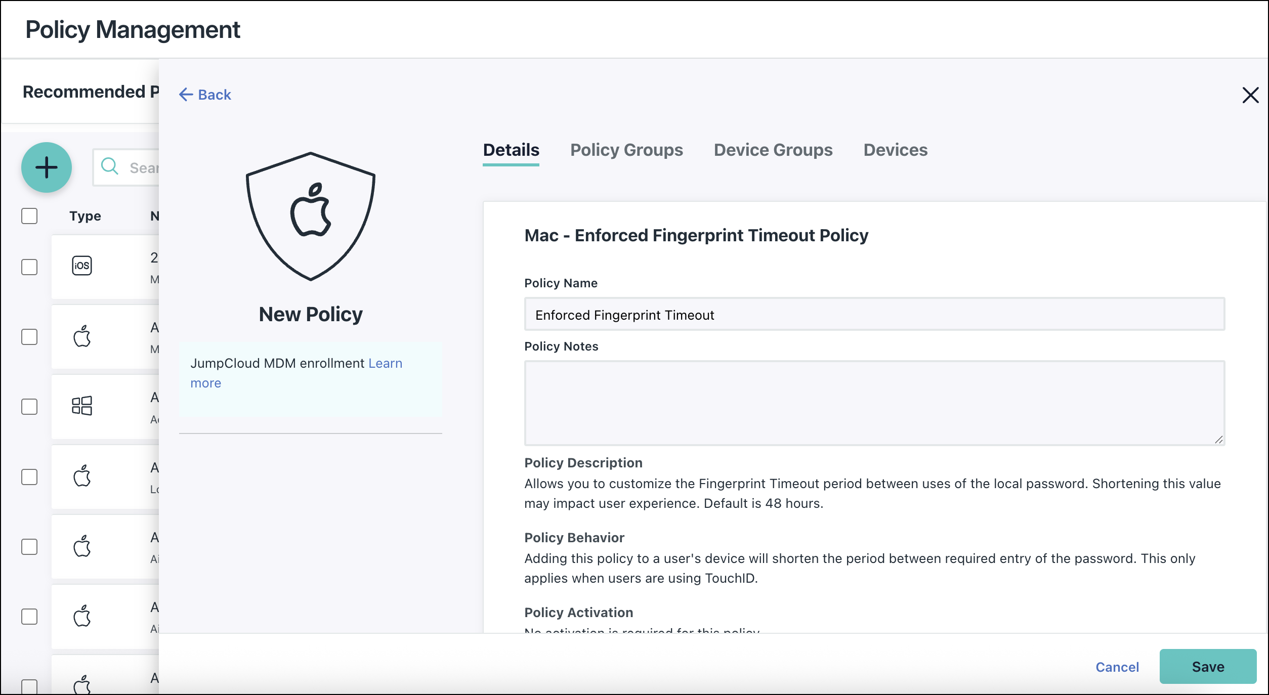 A screenshot showing the Enforced Fingerprint Timeout Policy for Mac in JumpCloud Admin portal