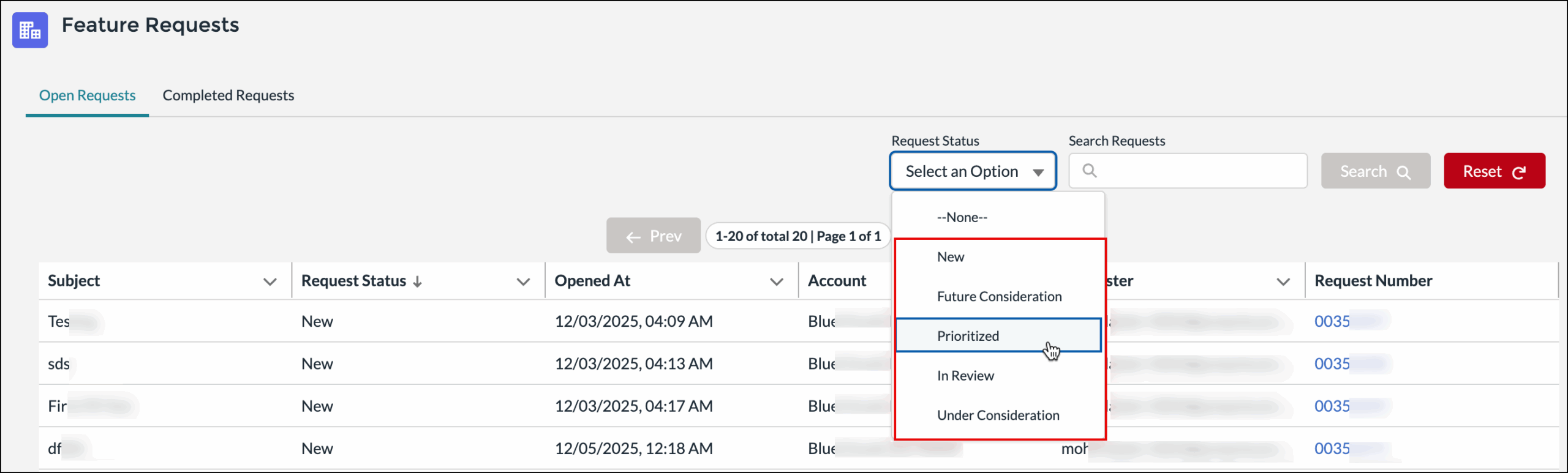 Filter menu showing request statuses like New and In Review.