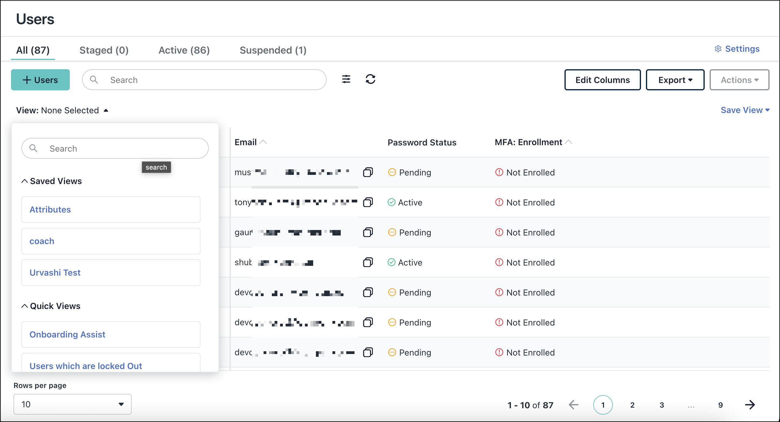 A screenshot showing Saved Views For Users In Admin Portal