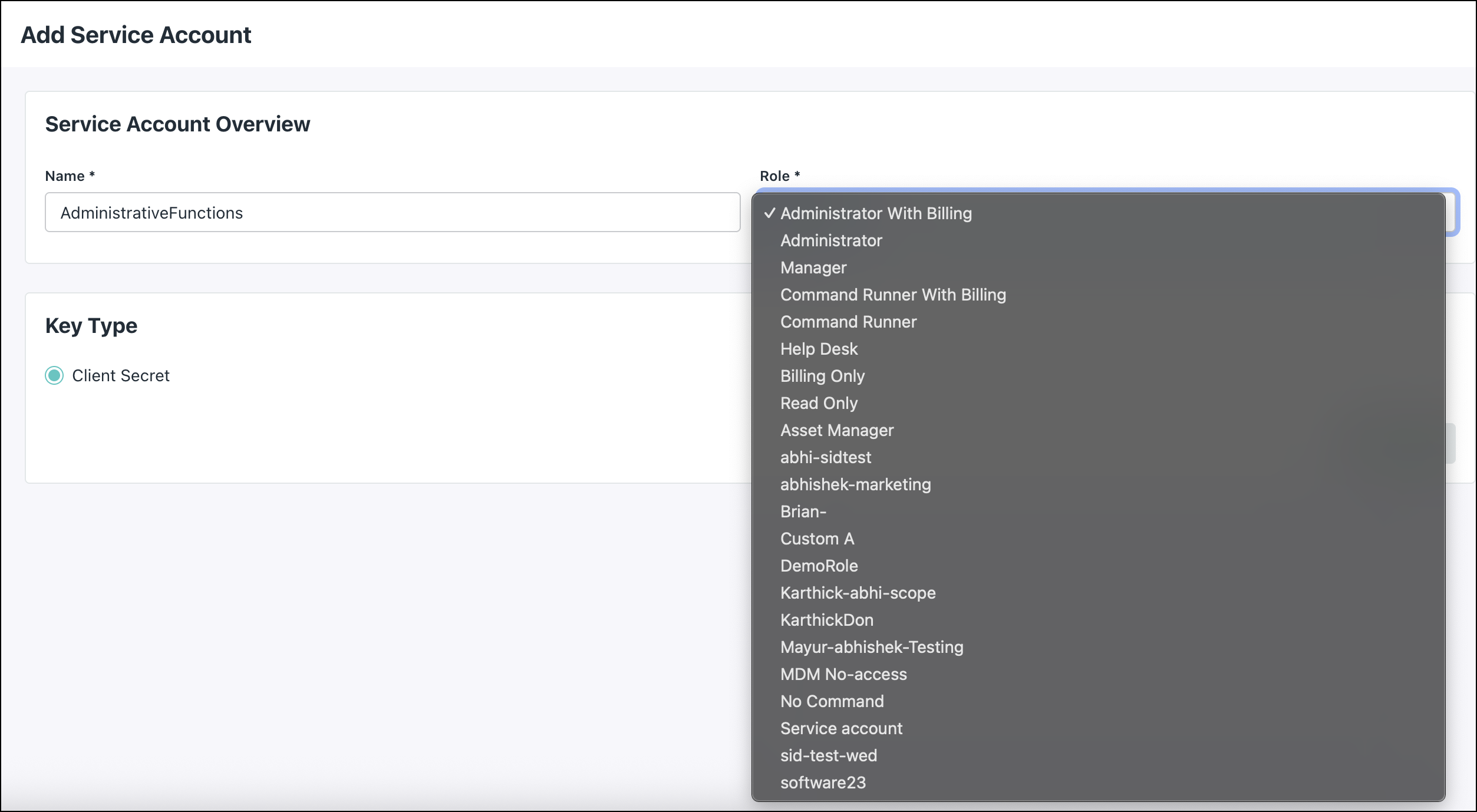 A screenshot showing service account overview in JumpCloud Admin Portal account.