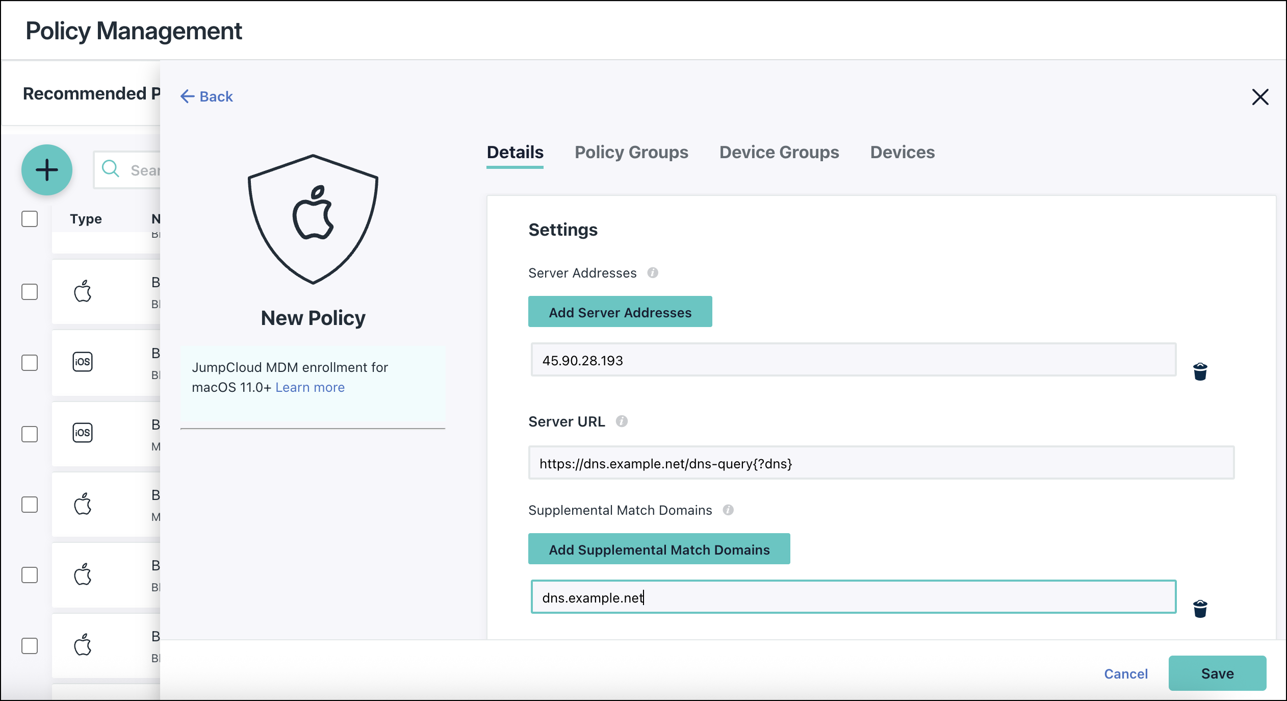 A screenshot showing the Mac policy page in JumpCloud Admin Portal.