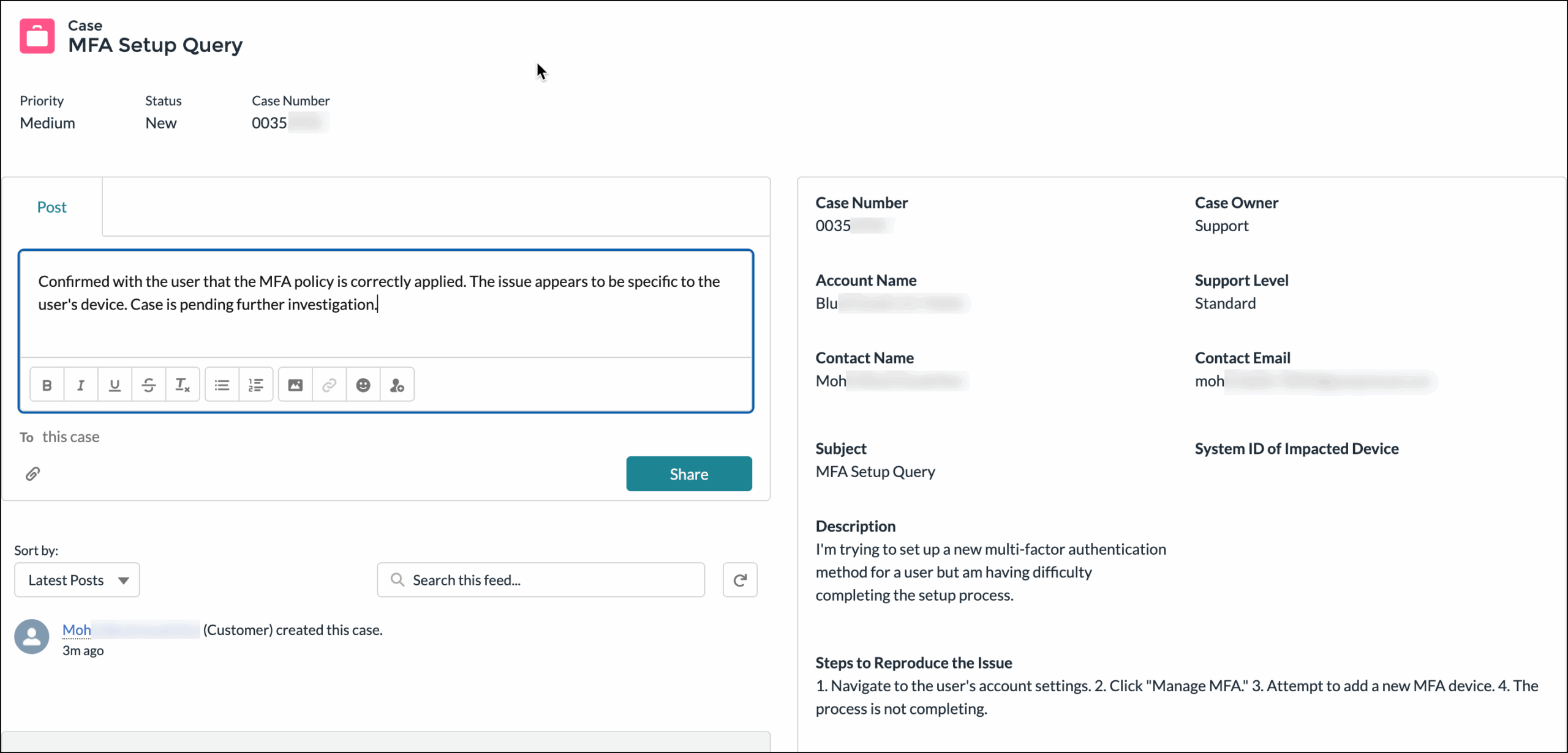 Case details page showing the "Share an update" text field and the Share button.