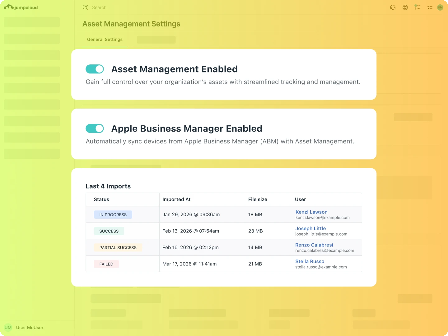 This is a asset management configuration screenshot for the JumpCloud Platform.