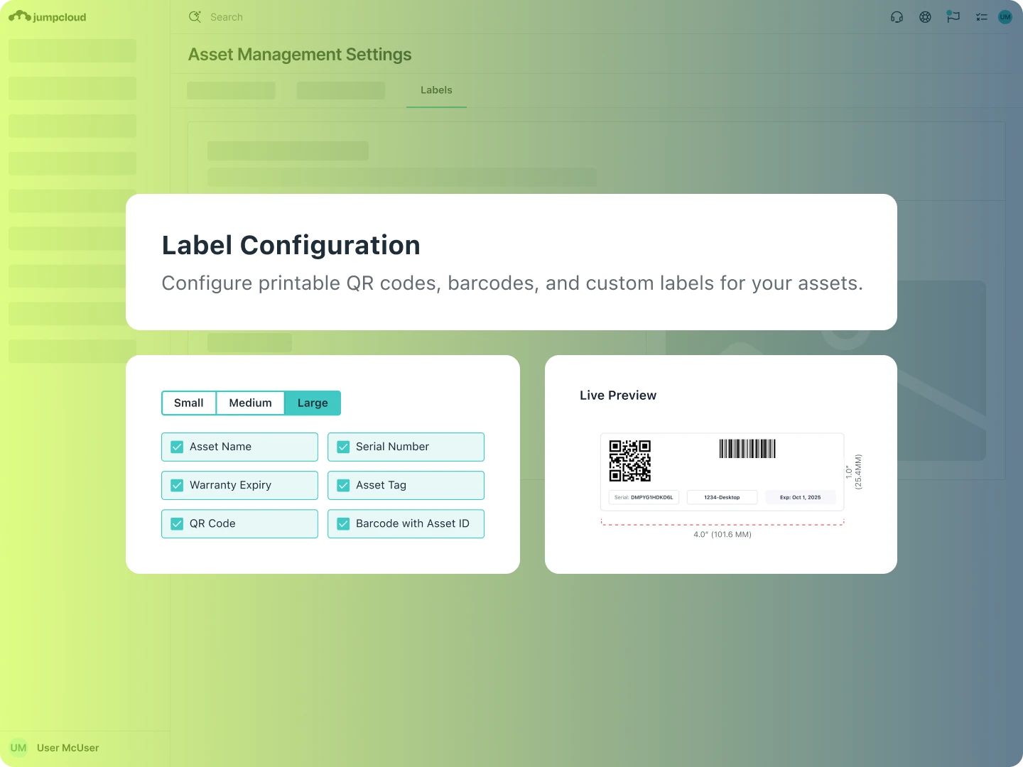 This is a label configuration screenshot for the JumpCloud Platform.