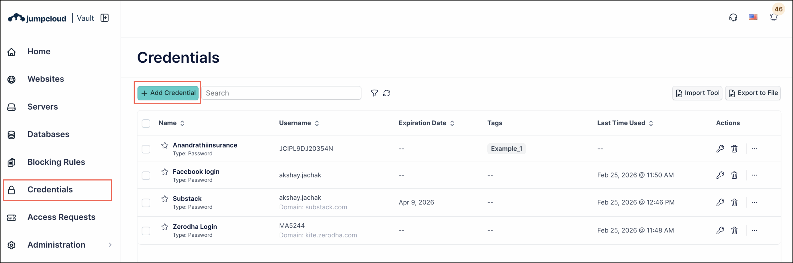 A screenshot showing Credentials section in JumpCloud Vault