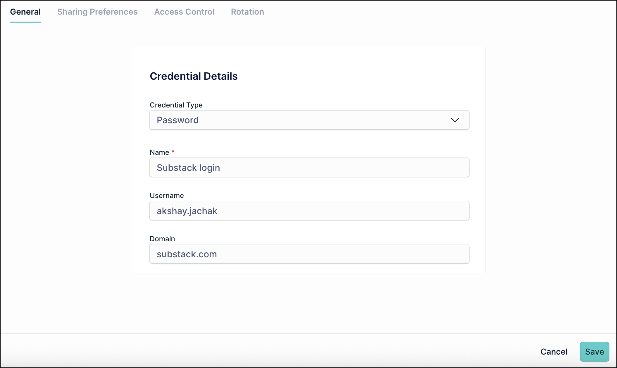A screenshot showing credentials details in JumpCloud Vault.