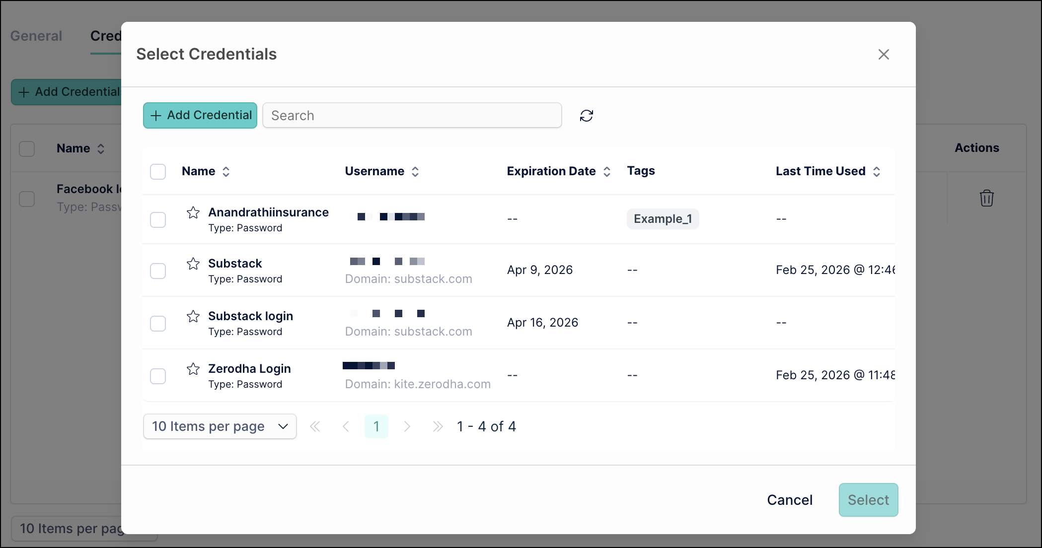 A screenshot showing the 'Select Credentials' page in JumpCloud Vault.