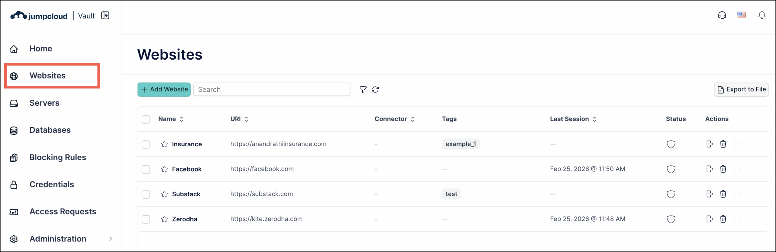 A screenshot showing Websites section in JumpCloud Vault.