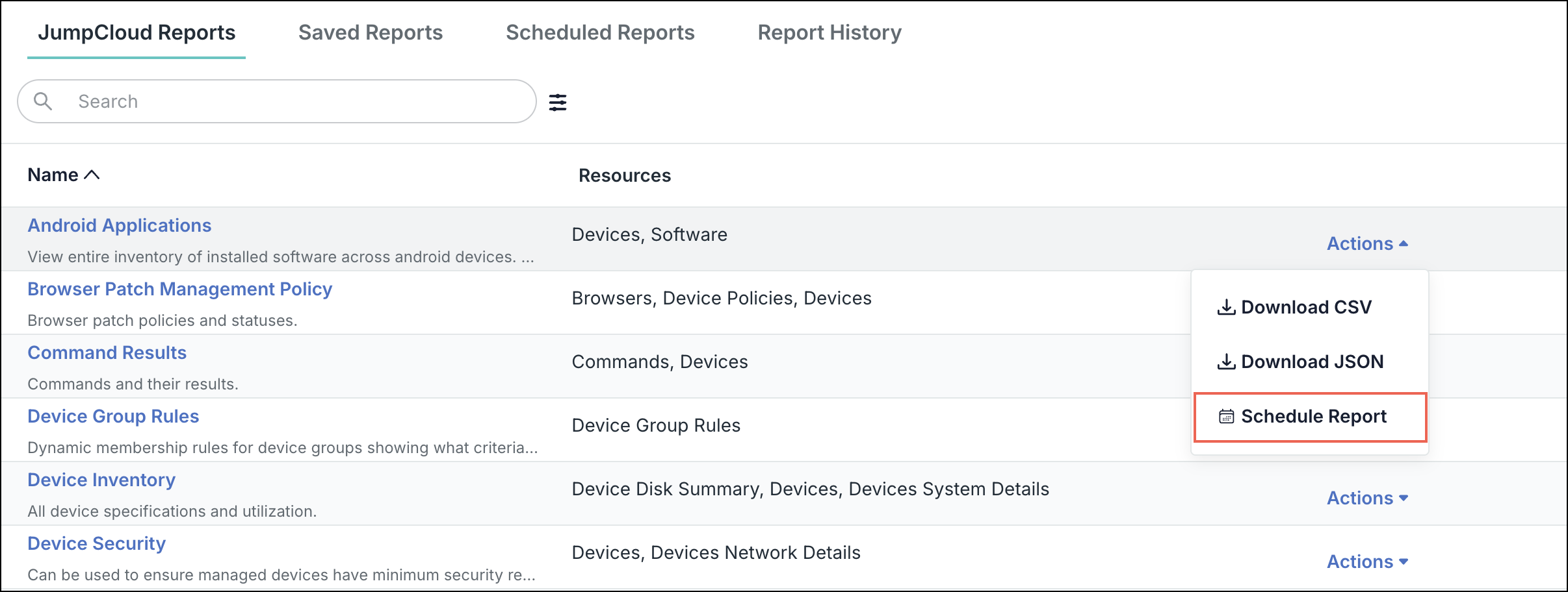 A screenshot showing the JumpCloud Reports tab in JumpCloud admin portal.