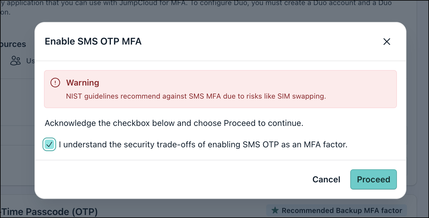 A screenshot showing Enable SMS OTP MFA popup.