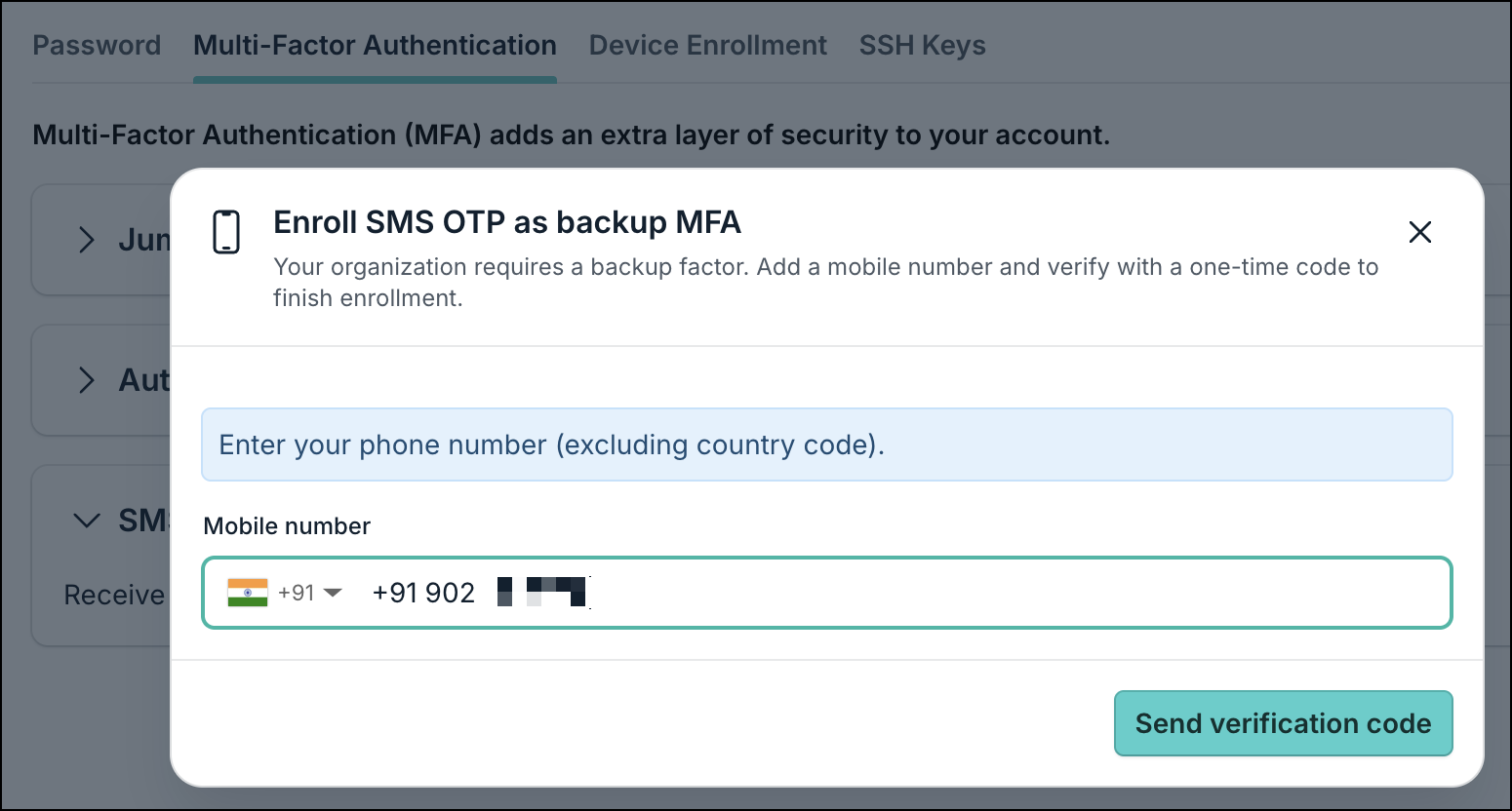 A screenshot showing the "Enroll SMS OTP as Backup MFA" dialog in JumpCloud user portal.
