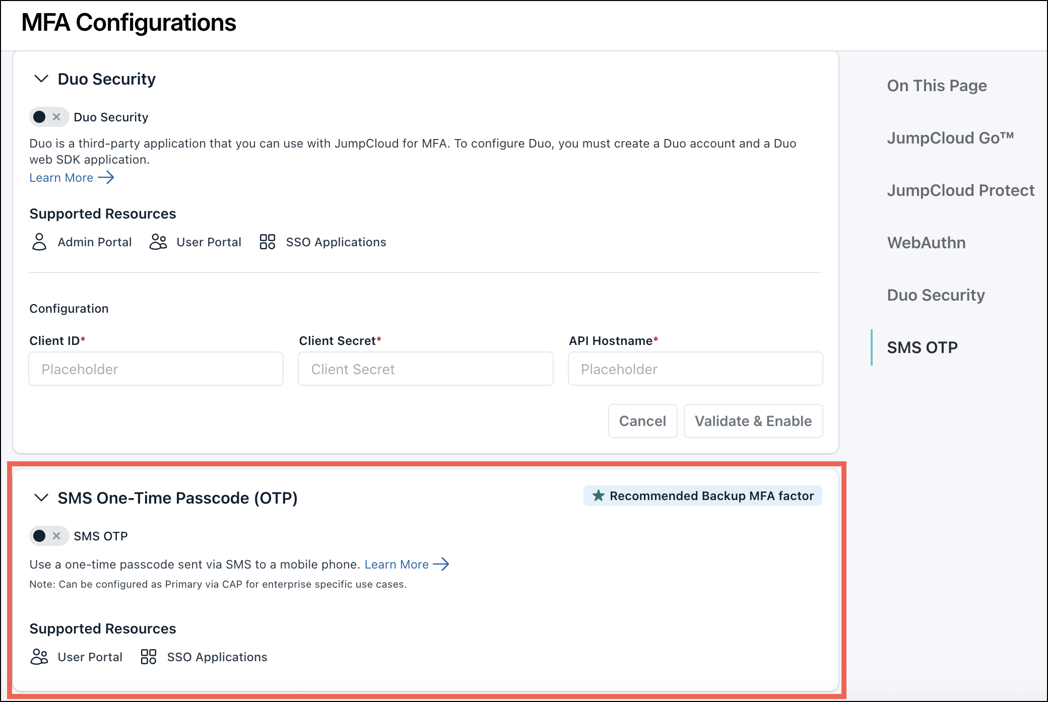 A screenshot showing MFA settings in Jumpcloud enterprise portal