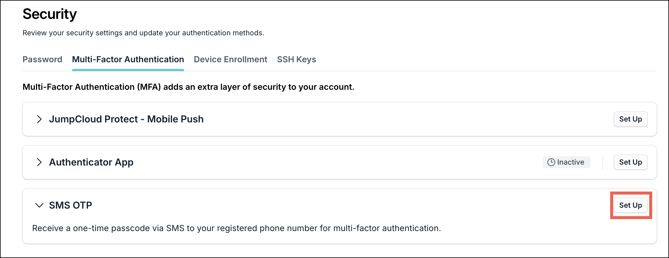 A screenshot showing the SMS MFA option under Security in JumpCloud user portal.