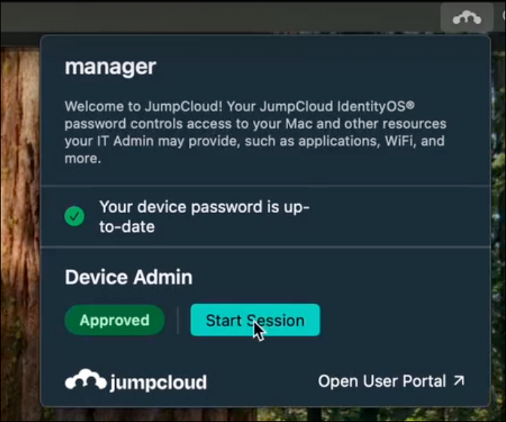A screenshot showing Start Session button in JumpCloud tray app.