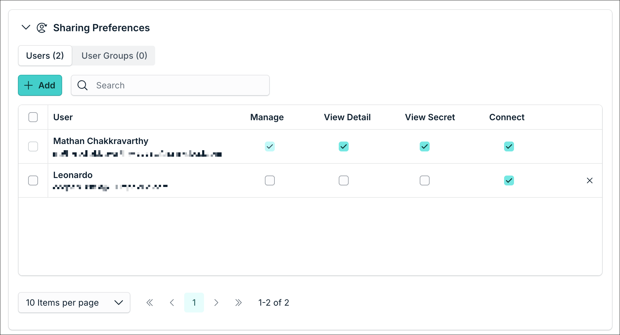 A screenshot showing sharing preferences for credential in password vault.