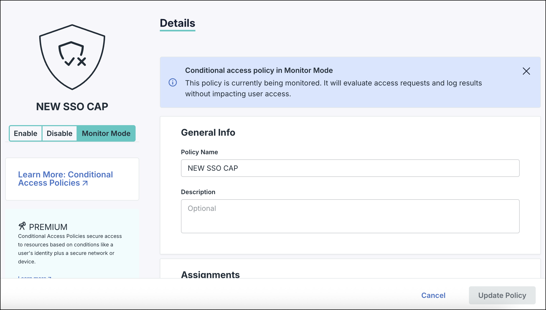 A screenshot showing CAP details in JumpCloud Admin portal