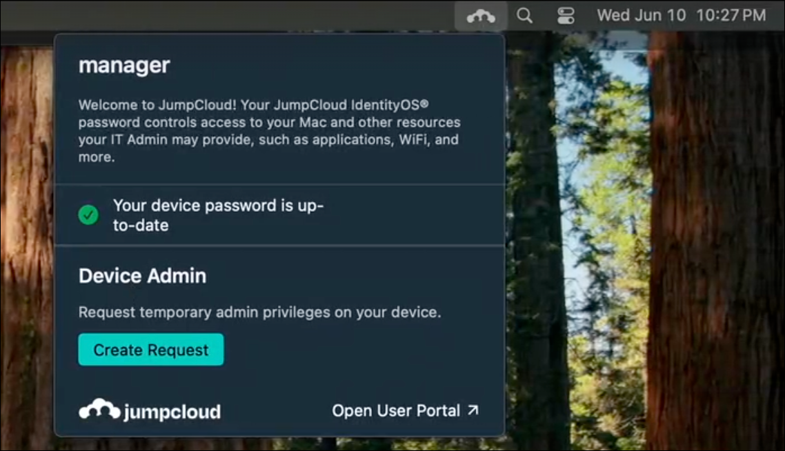 A screenshot showing Create Request button in JumpCloud tray app on Mac device.