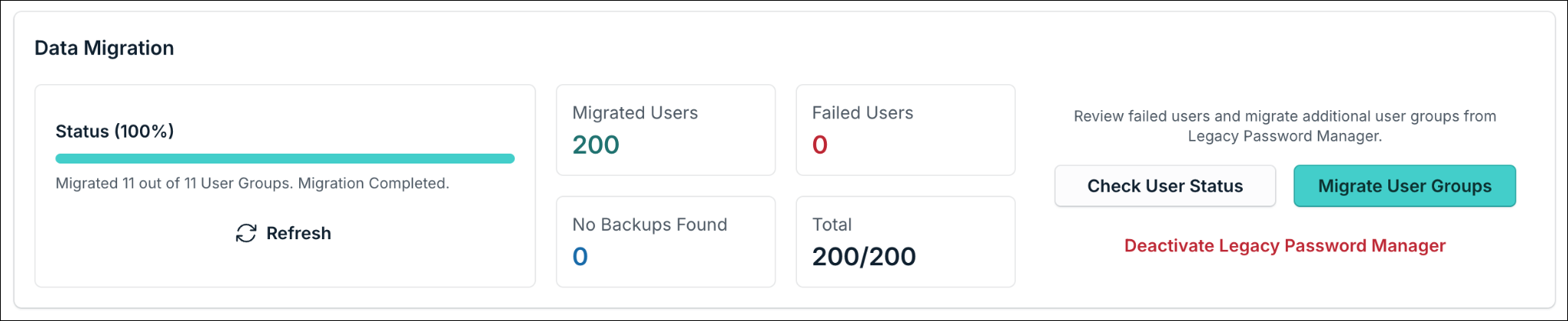 A screenshot showing Data Migration dashboard on JumpCloud Admin portal