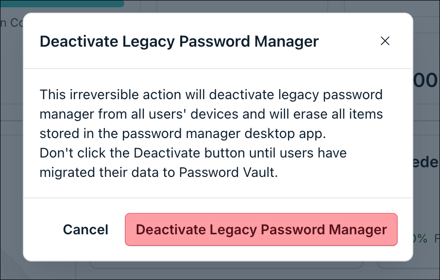 A screenshot showing 'Deactivate Legacy Password Manager' popup in JumpCloud Admin portal.