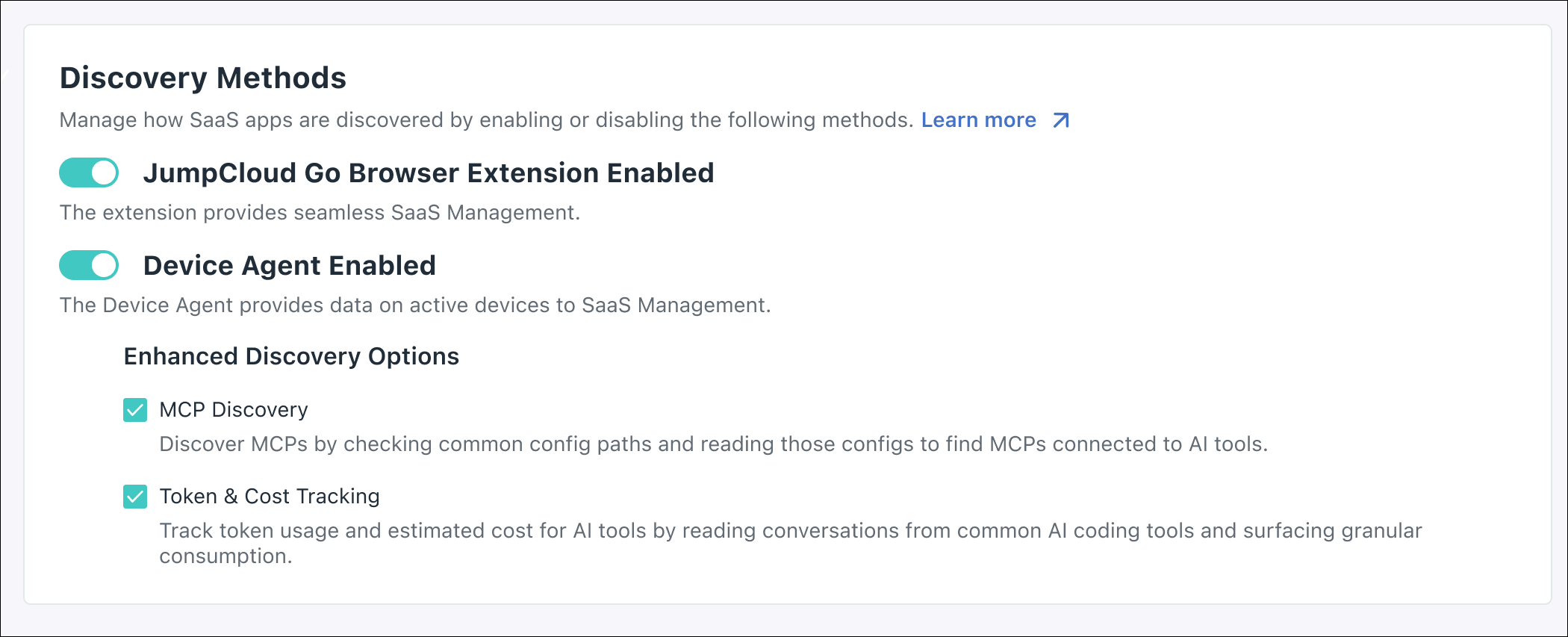 AI and SaaS Management Settings page showing Discovery Methods with Device Agent enabled and Enhanced Discovery Options for MCP Discovery and Token and Cost Tracking selected