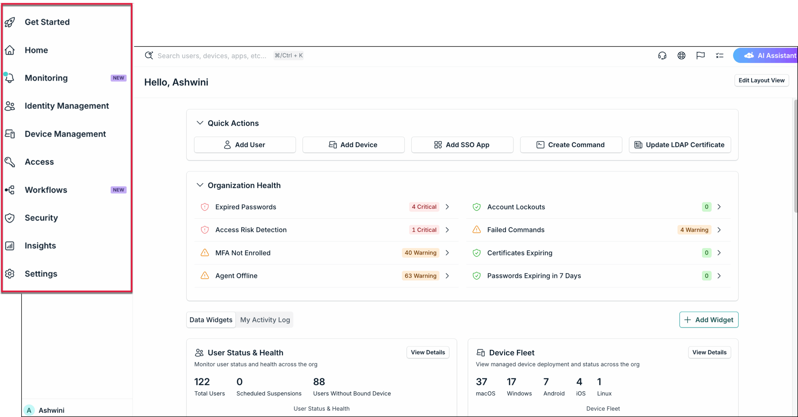 Admin Portal left navigation highlighted on the Home page