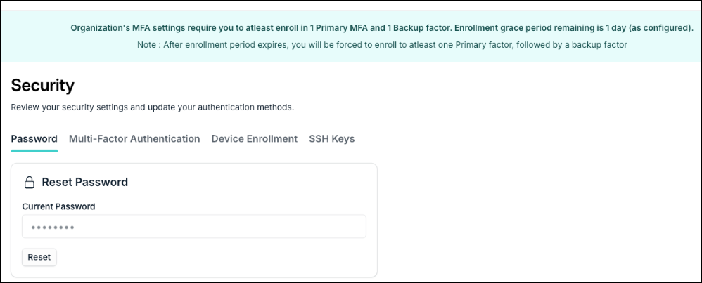 A screenshot showing the Security tab in JumpCloud Admin portal.