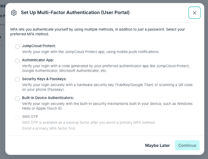 A screenshot showing MFA setup window in JumpCloud Admin portal.