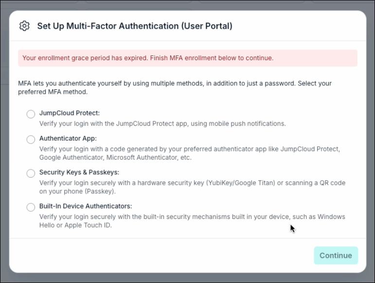 A screenshot showing MFA set up page in JumpCloud user portal.