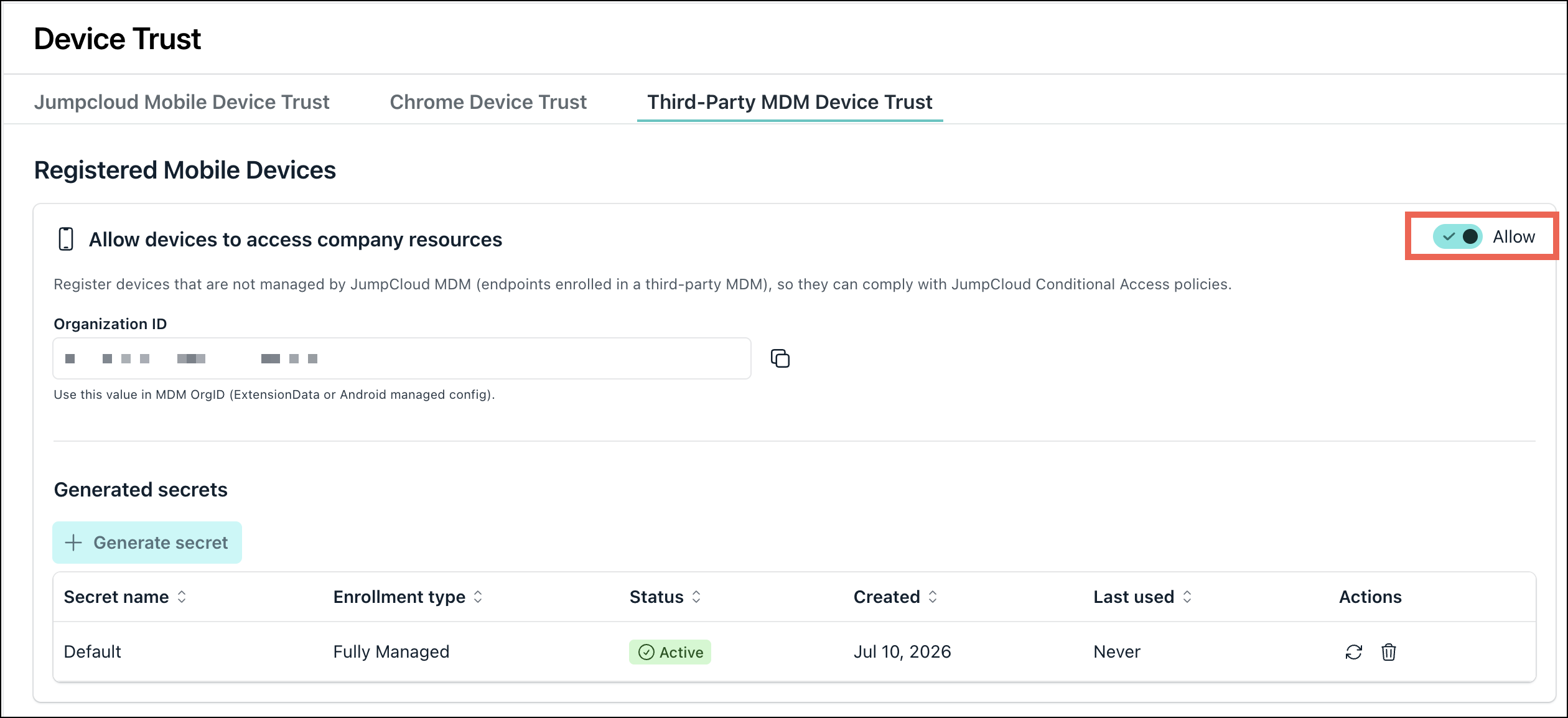 A screenshot showing Third Party MDM Device Trust tab in JumpCloud admin portal.