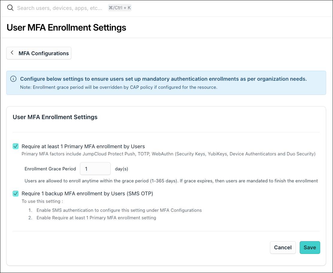 A screenshot showing user MFA Enrollment settings in JumpCloud Admin portal.