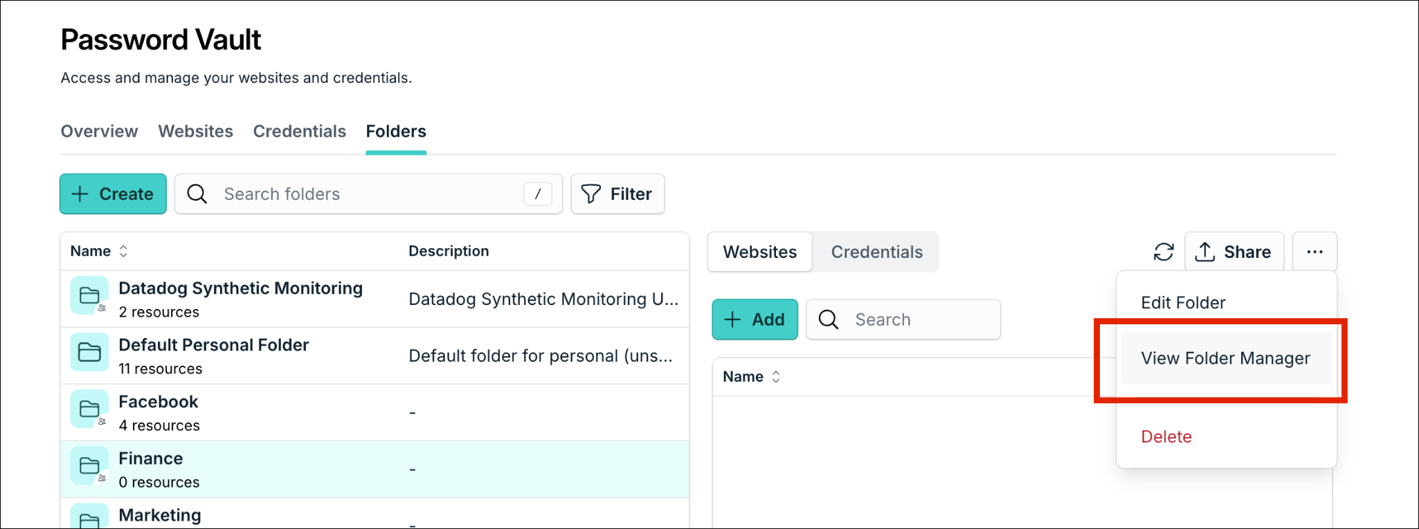 A screenshot showing Folders tab in JumpCloud Vault.