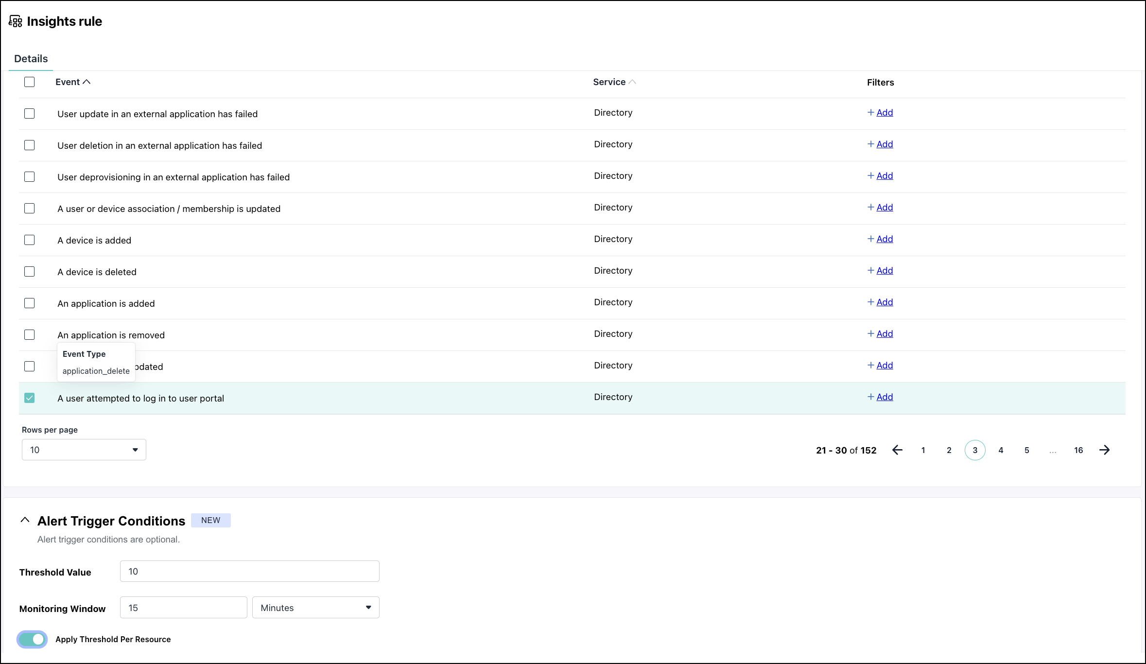 a screenshot showing insights rule page in jumpcloud admin portal.
