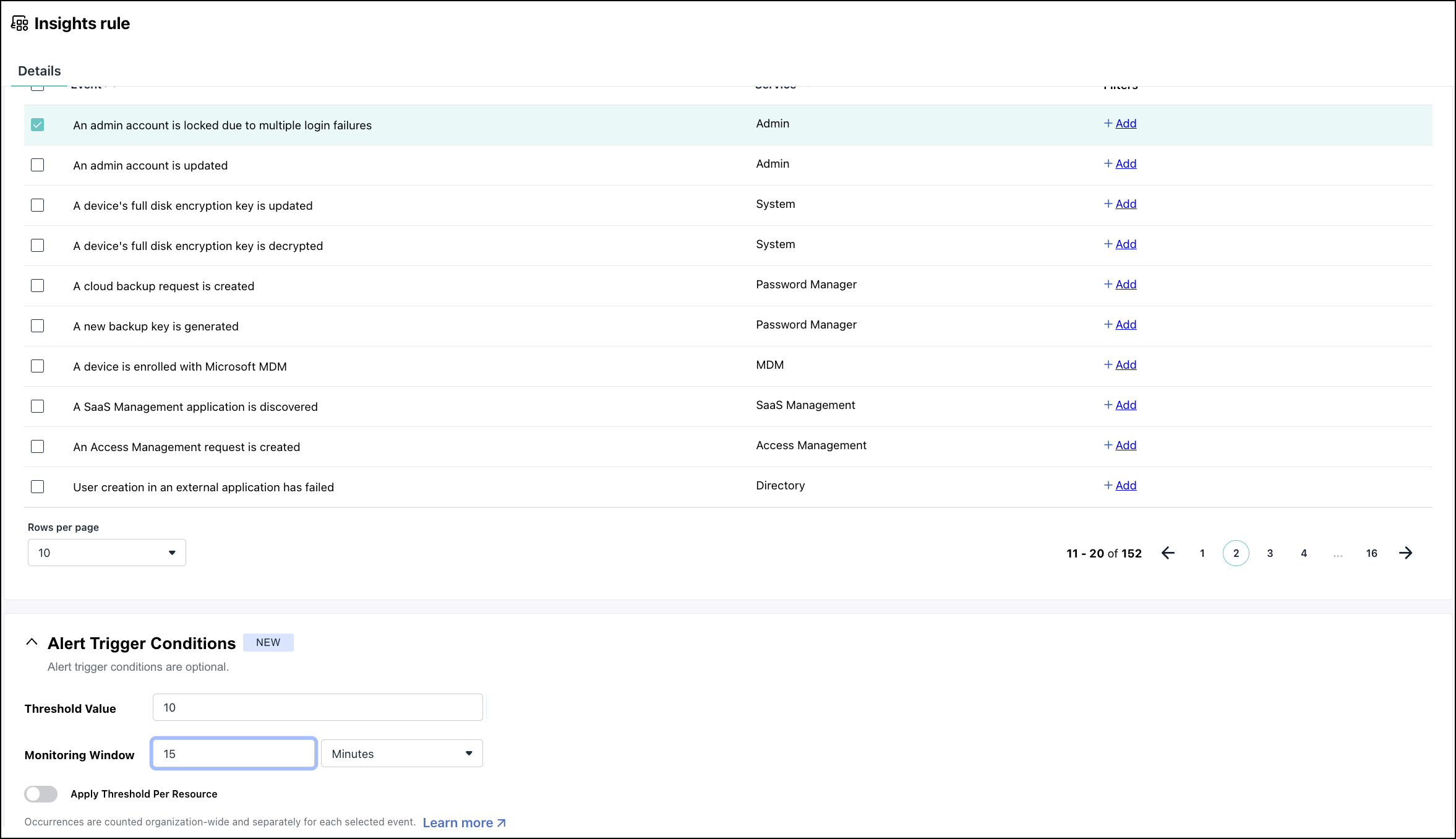 A screenshot showing the Insights rule page in JumpCloud Admin portal