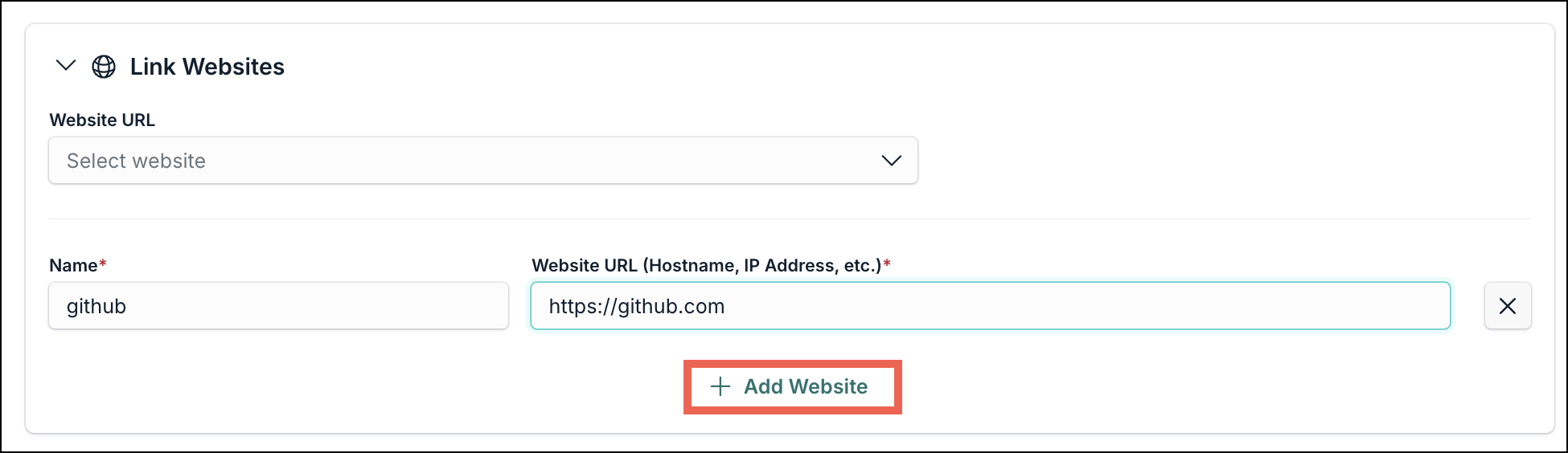 A screenshot showing the Link Websites section in password vault.