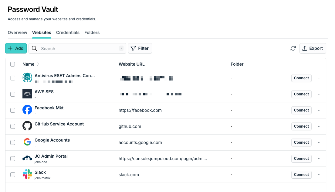 A screenshot showing websites tab in password vault